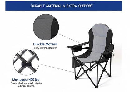 Outdoor Heavy - Duty Folding Camping Chair – Oversized Padded Quad Armchair with Lumbar Support, Cup Holder, Cooler Bag & Side Pocket | Supports 400 lbs | DS120A1 - with | Sold by Uncle Wiener's Wholesale