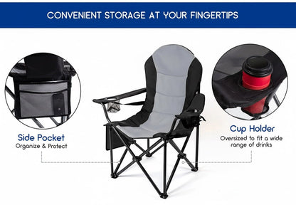 Outdoor Heavy - Duty Folding Camping Chair – Oversized Padded Quad Armchair with Lumbar Support, Cup Holder, Cooler Bag & Side Pocket | Supports 400 lbs | DS120A1 - with | Sold by Uncle Wiener's Wholesale