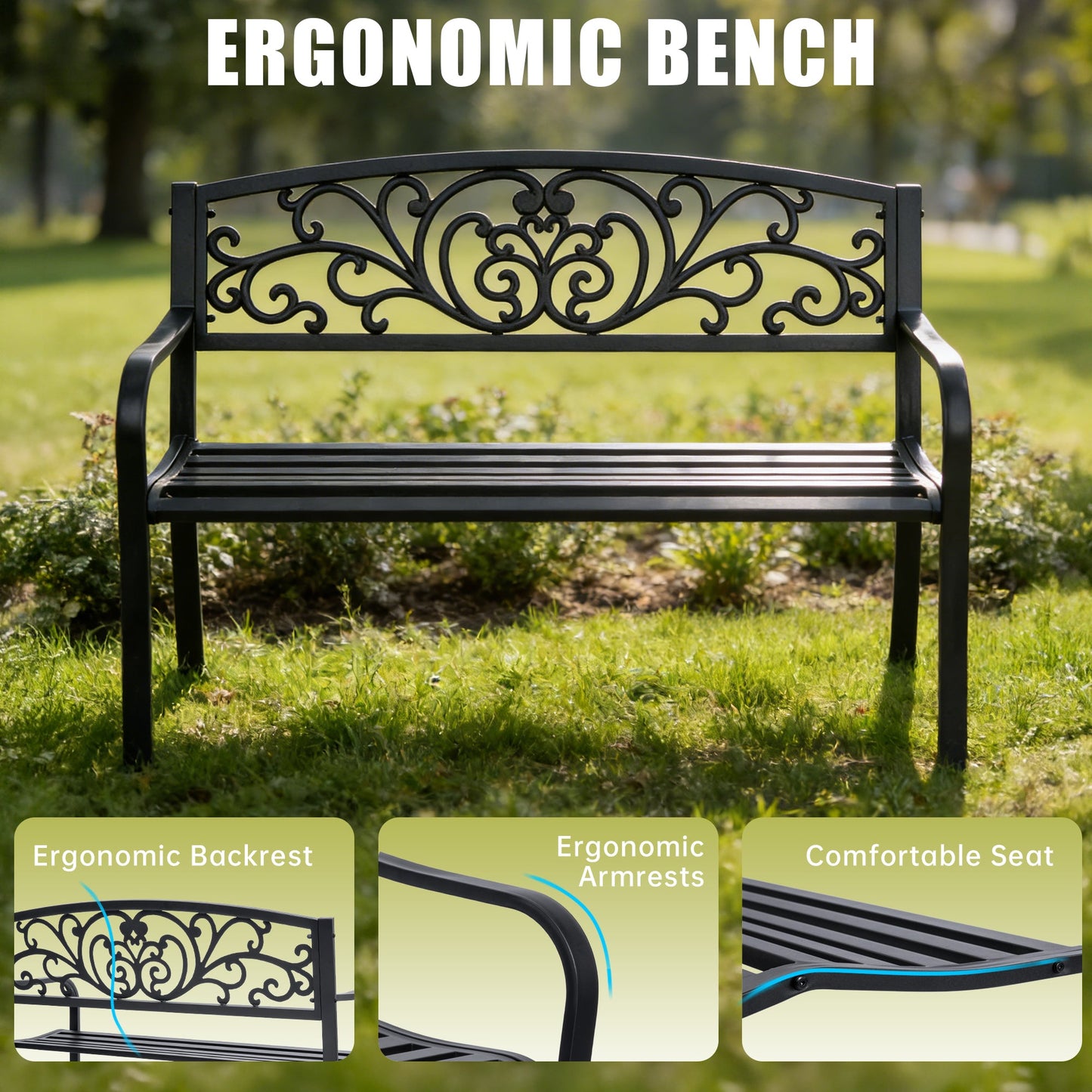 Outdoor Metal Garden Bench Decorative Patio Park Bench Black Finish AMGB234 - with | Sold by Uncle Wiener's Wholesale
