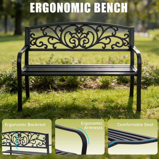 Outdoor Metal Garden Bench Decorative Patio Park Bench Black Finish AMGB234 - with | Sold by Uncle Wiener's Wholesale