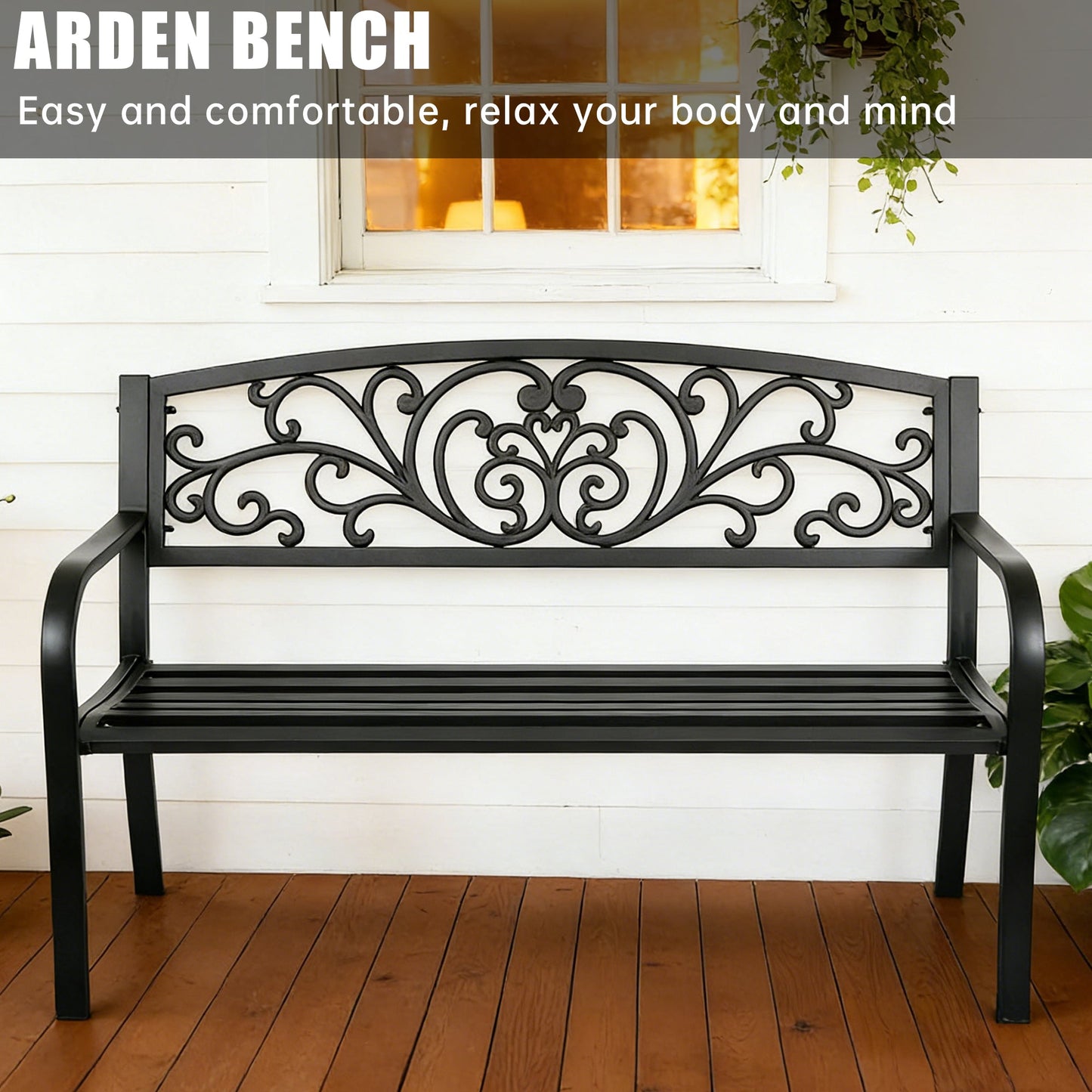 Outdoor Metal Garden Bench Decorative Patio Park Bench Black Finish AMGB234 - with | Sold by Uncle Wiener's Wholesale