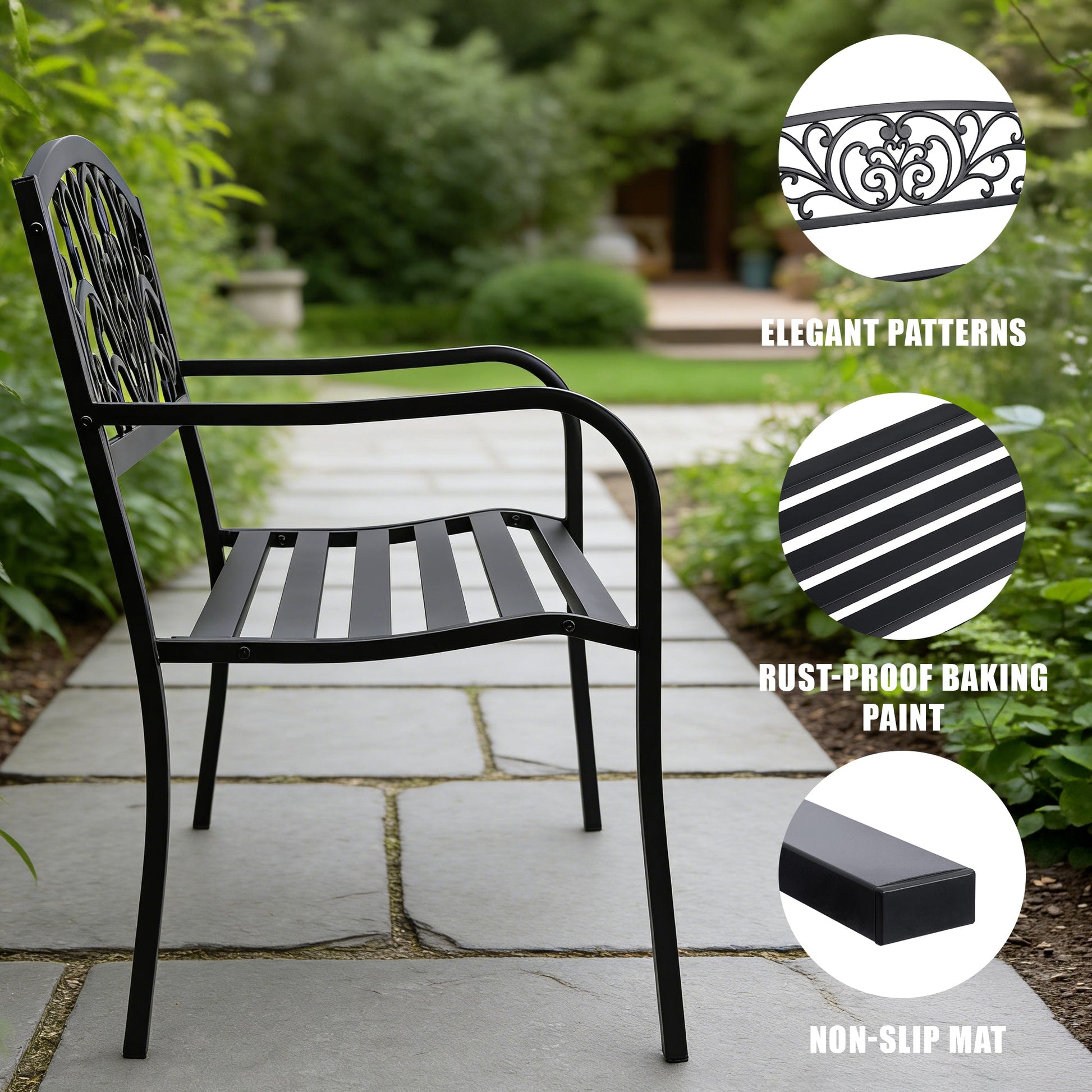 Outdoor Metal Garden Bench Decorative Patio Park Bench Black Finish AMGB234 - with | Sold by Uncle Wiener's Wholesale
