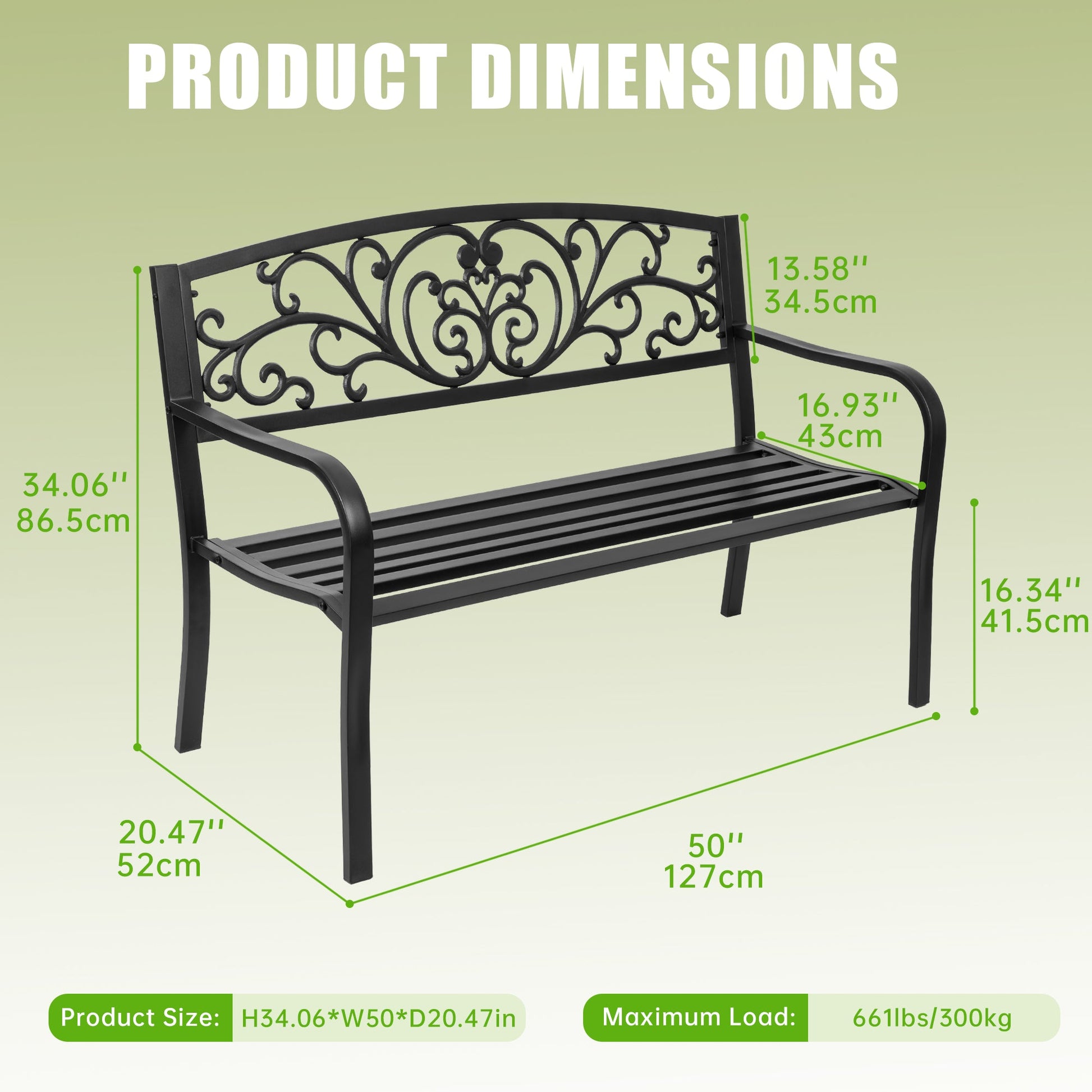 Outdoor Metal Garden Bench Decorative Patio Park Bench Black Finish AMGB234 - with | Sold by Uncle Wiener's Wholesale