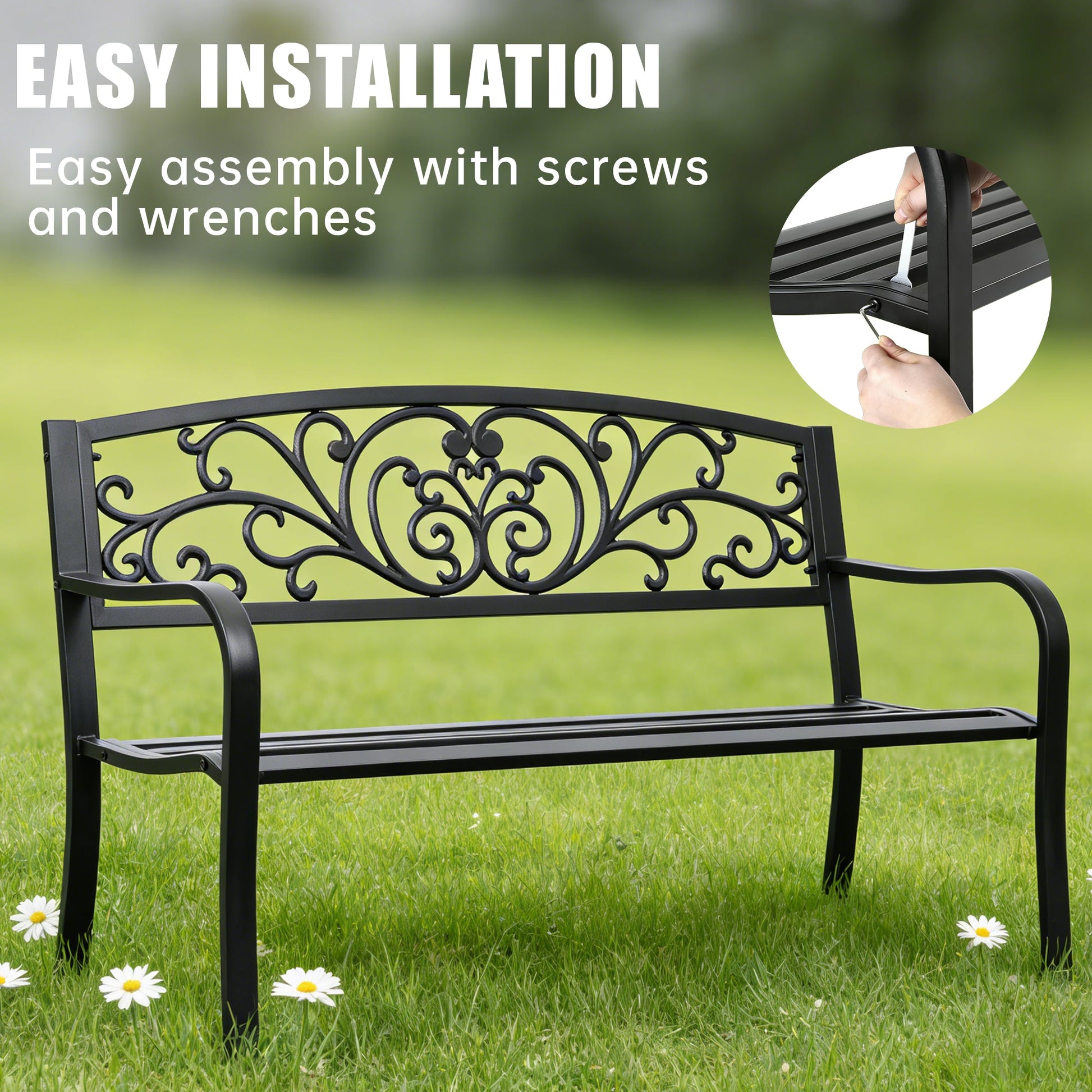 Outdoor Metal Garden Bench Decorative Patio Park Bench Black Finish AMGB234 - with | Sold by Uncle Wiener's Wholesale