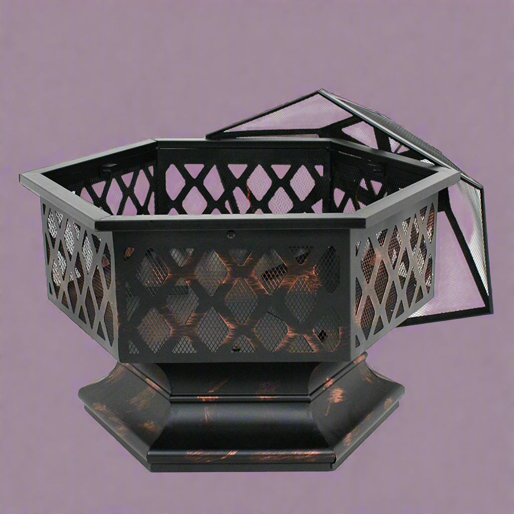 Steel outdoor patio fire pit with mesh spark screen cover