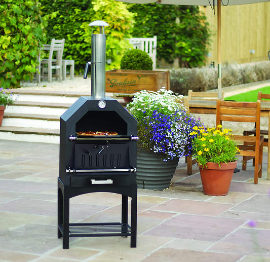 "Stainless steel outdoor pizza oven with chimney and stone insert"

"Dual-fuel pizza oven setup with wood and gas burners"

"Outdoor stainless pizza oven in backyard setting"

"Compact portable pizza oven on patio table"

"Fully cooked pizza inside stainless oven"