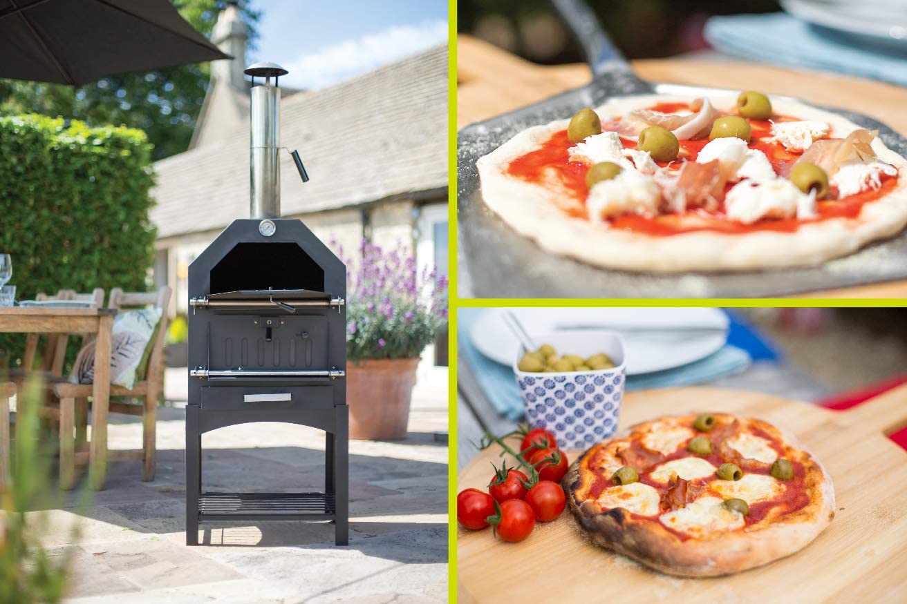 "Stainless steel outdoor pizza oven with chimney and stone insert"

"Dual-fuel pizza oven setup with wood and gas burners"

"Outdoor stainless pizza oven in backyard setting"

"Compact portable pizza oven on patio table"

"Fully cooked pizza inside stainless oven"
