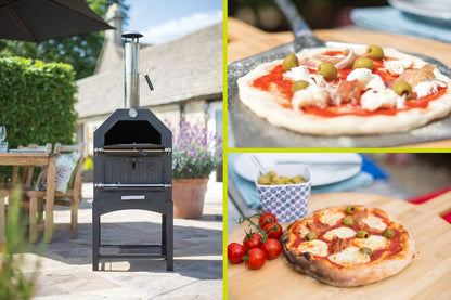 "Stainless steel outdoor pizza oven with chimney and stone insert"

"Dual-fuel pizza oven setup with wood and gas burners"

"Outdoor stainless pizza oven in backyard setting"

"Compact portable pizza oven on patio table"

"Fully cooked pizza inside stainless oven"