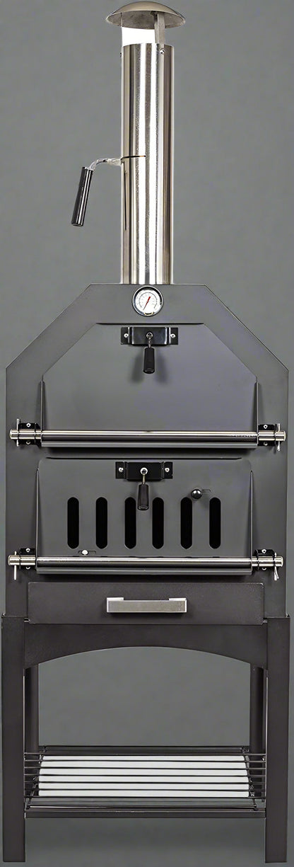 "Stainless steel outdoor pizza oven with chimney and stone insert"

"Dual-fuel pizza oven setup with wood and gas burners"

"Outdoor stainless pizza oven in backyard setting"

"Compact portable pizza oven on patio table"

"Fully cooked pizza inside stainless oven"