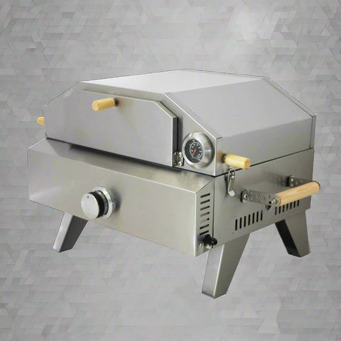 "Stainless steel outdoor pizza oven with chimney and stone insert"

"Dual-fuel pizza oven setup with wood and gas burners"

"Outdoor stainless pizza oven in backyard setting"

"Compact portable pizza oven on patio table"

"Fully cooked pizza inside stainless oven"