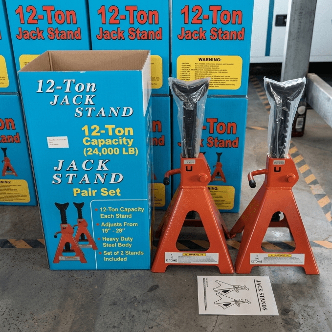 Pair of Heavy - Duty Jack Stands – 3 Ton / 6 Ton / 12 Ton Hoist Support - Material Handling with Pair 12 - Ton Jack Stands | Sold by Uncle Wiener's Wholesale
