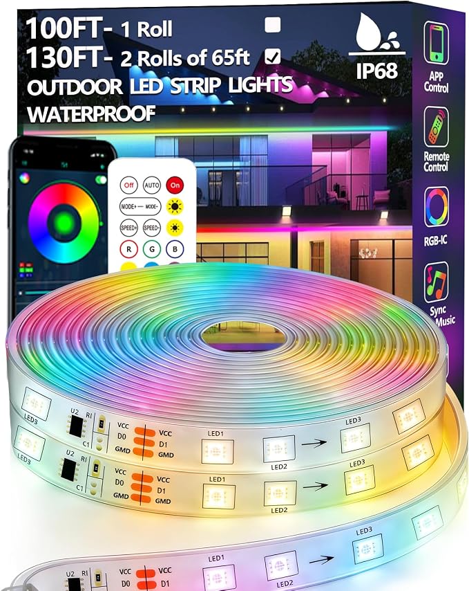 Permanent Outdoor LED Eave Lights Waterproof App Controlled RGB House Lighting - with 130FT Outdoor RGBIC LED Strip Lights – 2 × 65FT IP68 Waterproof Colour-Changing Rope Lights with App & Remote Control | Sold by Uncle Wiener's Wholesale