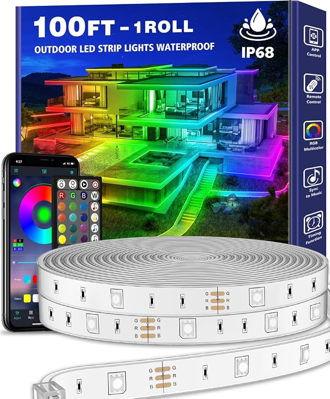 Permanent Outdoor LED Eave Lights Waterproof App Controlled RGB House Lighting - with LETIANPAI Outdoor LED Strip Lights Waterproof RGB App Controlled Exterior Lighting 100 ft | Sold by Uncle Wiener's Wholesale