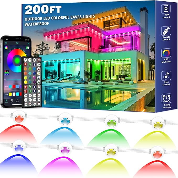 Permanent Outdoor LED Eave Lights Waterproof App Controlled RGB House Lighting - with 200 FT | Sold by Uncle Wiener's Wholesale