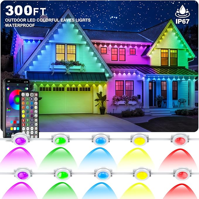 Permanent Outdoor LED Eave Lights Waterproof App Controlled RGB House Lighting - with 300 FT | Sold by Uncle Wiener's Wholesale