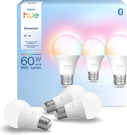 Philips Hue Essential A19 Smart LED Bulbs 3-Pack – 60W Equivalent, 800 Lumens, E26, Colour Changing & Tunable White, Bluetooth - Electronics with | Sold by Uncle Wiener's Wholesale