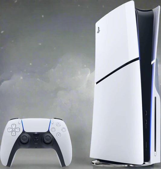 PlayStation 5 Slim Disc Edition Console standing vertically

PS5 Slim Disc Edition with DualSense controller

Rear and side view of PlayStation 5 Slim

PS5 Slim displayed next to TV setup