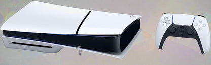 PlayStation 5 Slim Disc Edition Console standing vertically

PS5 Slim Disc Edition with DualSense controller

Rear and side view of PlayStation 5 Slim

PS5 Slim displayed next to TV setup