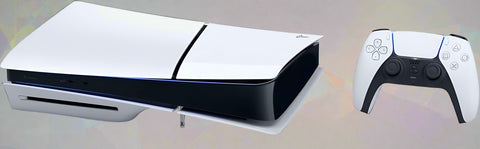 PlayStation 5 Slim Disc Edition Console standing vertically

PS5 Slim Disc Edition with DualSense controller

Rear and side view of PlayStation 5 Slim

PS5 Slim displayed next to TV setup