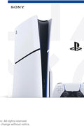 PlayStation 5 Slim Disc Edition Console standing vertically

PS5 Slim Disc Edition with DualSense controller

Rear and side view of PlayStation 5 Slim

PS5 Slim displayed next to TV setup