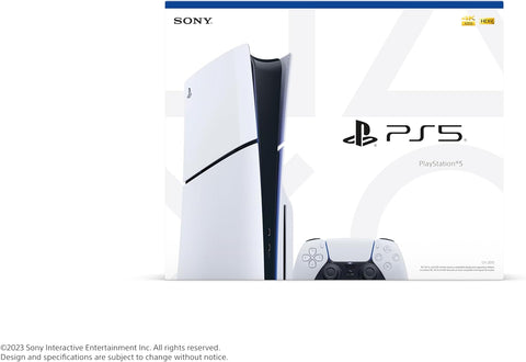 PlayStation 5 Slim Disc Edition Console standing vertically

PS5 Slim Disc Edition with DualSense controller

Rear and side view of PlayStation 5 Slim

PS5 Slim displayed next to TV setup