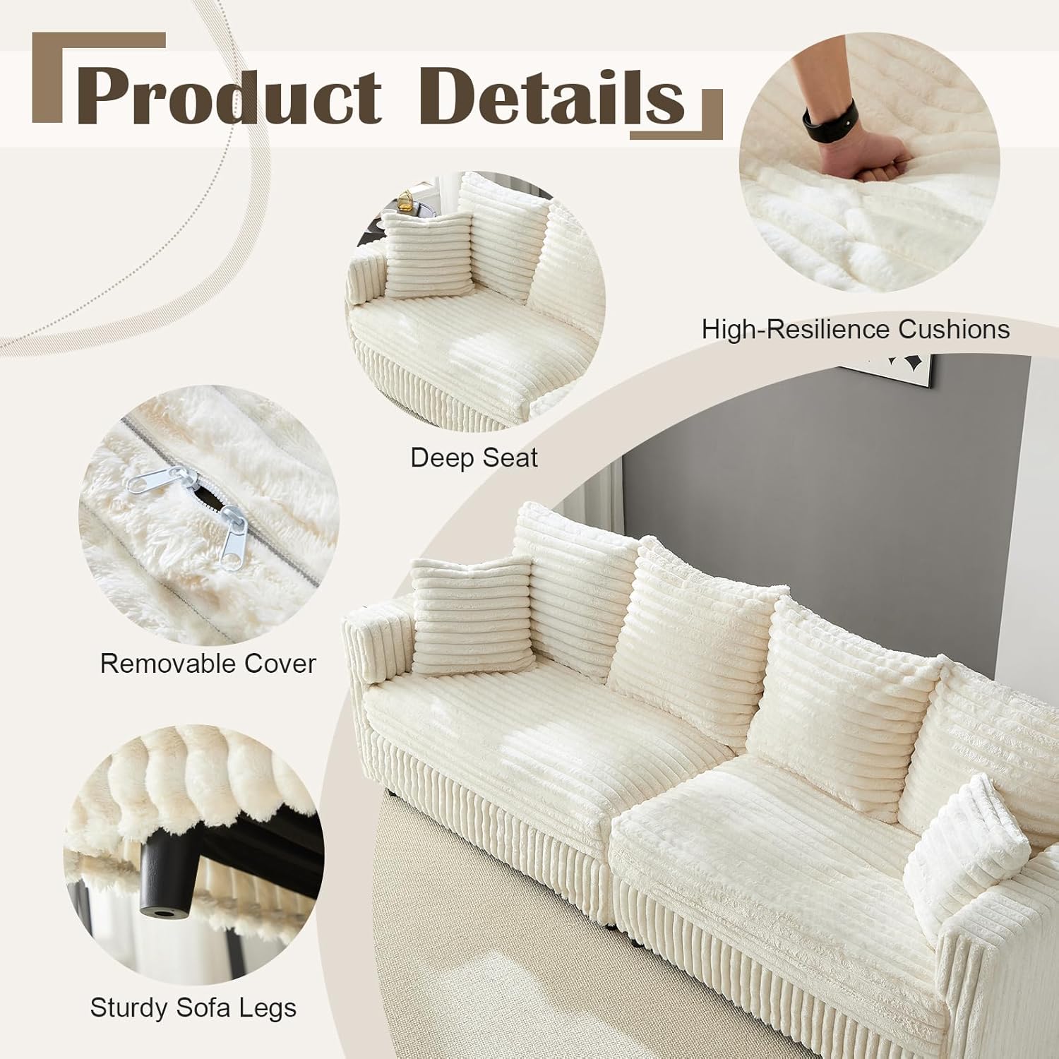Plush Cloud Sectional Sofa – Oversized 8.6 FT Corduroy Couch with 6 Pillows - with Gray Corduroy | Sold by Uncle Wiener's Wholesale
