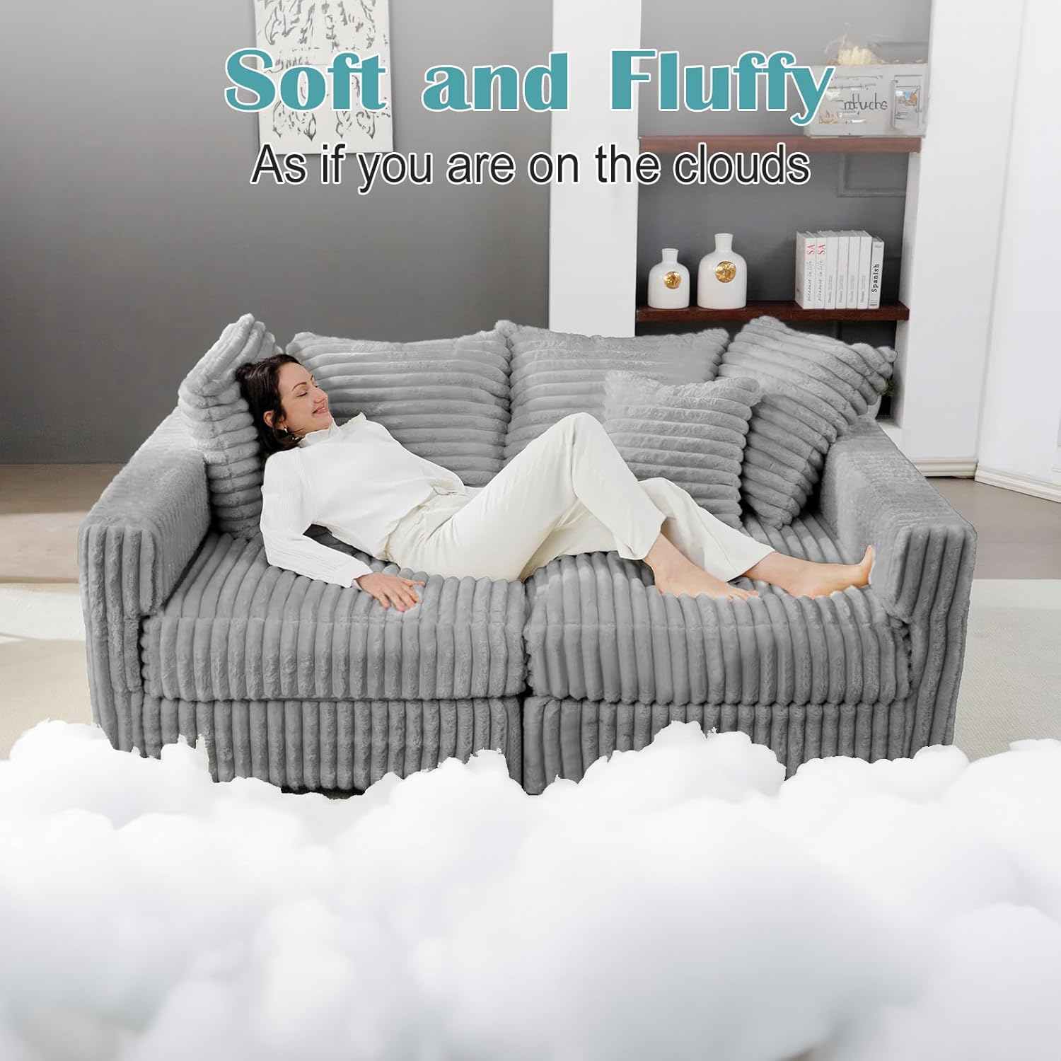 Plush Cloud Sectional Sofa – Oversized 8.6 FT Corduroy Couch with 6 Pillows - with Gray Corduroy | Sold by Uncle Wiener's Wholesale