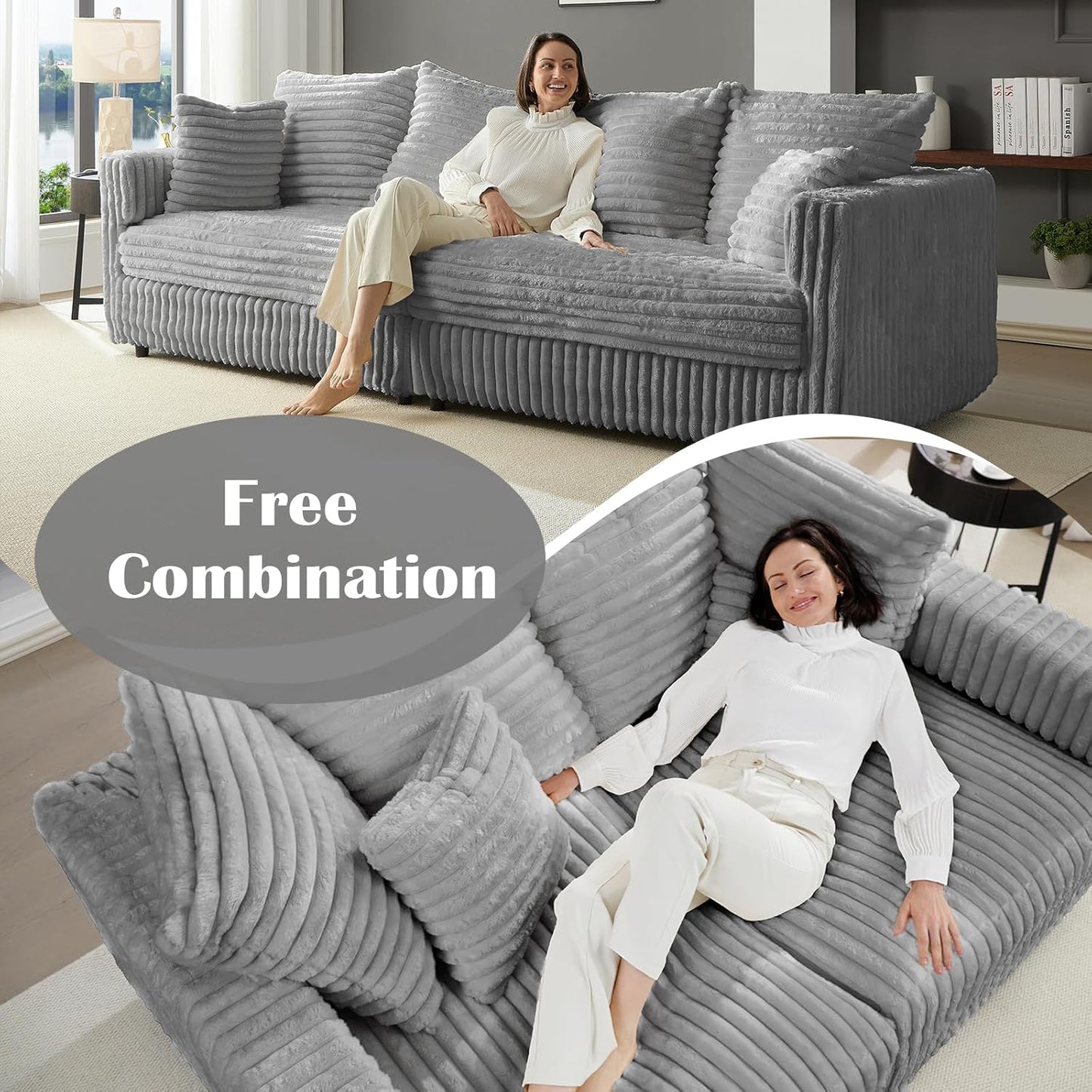 Plush Cloud Sectional Sofa – Oversized 8.6 FT Corduroy Couch with 6 Pillows - with Gray Corduroy | Sold by Uncle Wiener's Wholesale