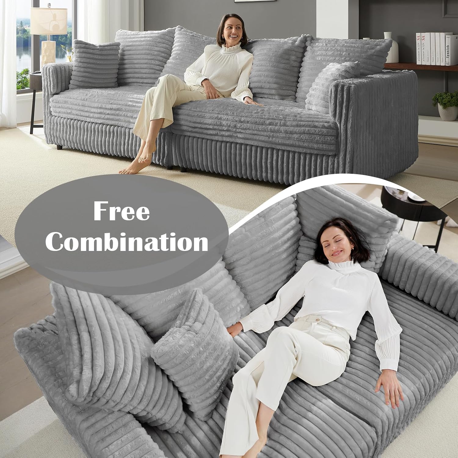 Plush Cloud Sectional Sofa – Oversized 8.6 FT Corduroy Couch with 6 Pillows - with Gray Corduroy | Sold by Uncle Wiener's Wholesale