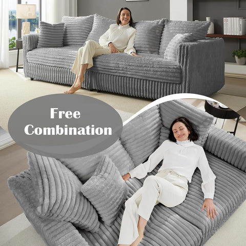 Plush Cloud Sectional Sofa – Oversized 8.6 FT Corduroy Couch with 6 Pillows - with Gray Corduroy | Sold by Uncle Wiener's Wholesale