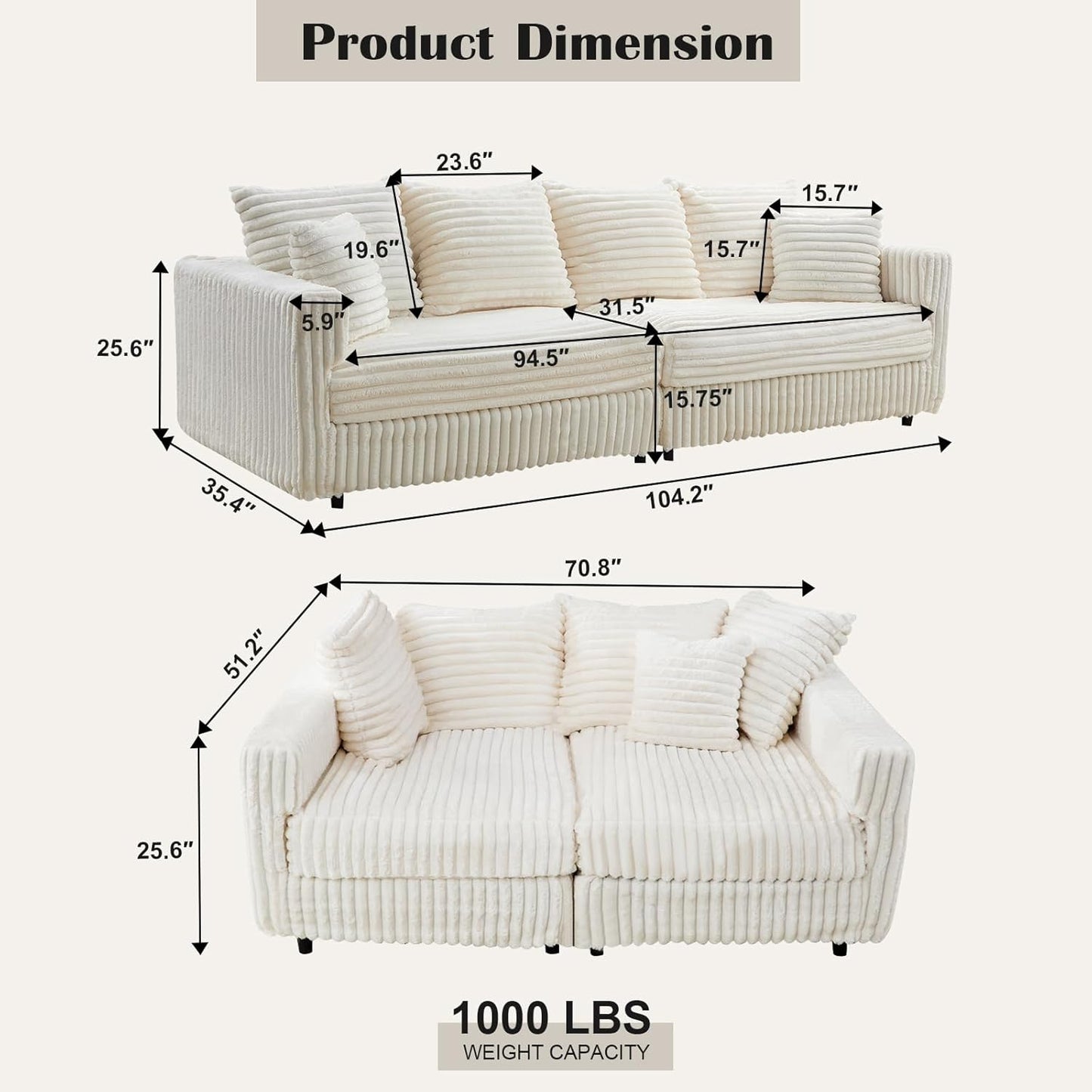 Plush Cloud Sectional Sofa – Oversized 8.6 FT Corduroy Couch with 6 Pillows - with Gray Corduroy | Sold by Uncle Wiener's Wholesale