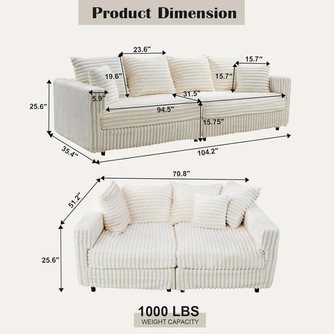 Plush Cloud Sectional Sofa – Oversized 8.6 FT Corduroy Couch with 6 Pillows - with Gray Corduroy | Sold by Uncle Wiener's Wholesale