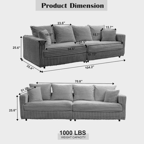 Plush Cloud Sectional Sofa – Oversized 8.6 FT Corduroy Couch with 6 Pillows - with Gray Corduroy | Sold by Uncle Wiener's Wholesale
