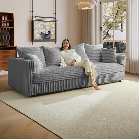 Plush Cloud Sectional Sofa – Oversized 8.6 FT Corduroy Couch with 6 Pillows - with Gray Corduroy | Sold by Uncle Wiener's Wholesale