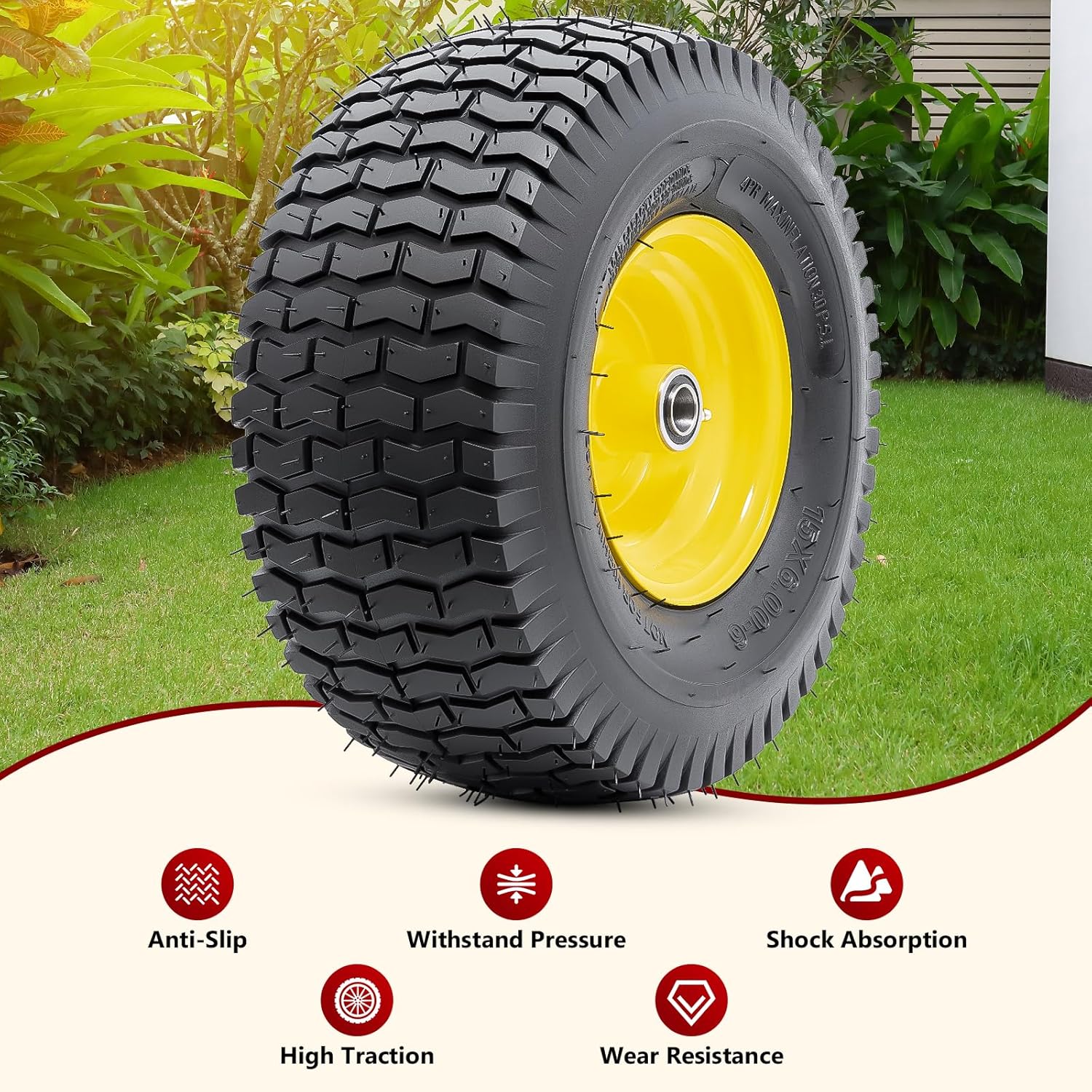 Pneumatic Tire & Yellow Rim Replacement Wheels 2 - Pack – Lawn Tractor, Riding Mower & Zero - Turn Assemblies (15×6.00 - 6, 16×6.5 - 8, 20×8.00 - 8) - with 15×6.00 - 6 Pneumatic Tire & Yellow Rim | Sold by Uncle Wiener's Wholesale