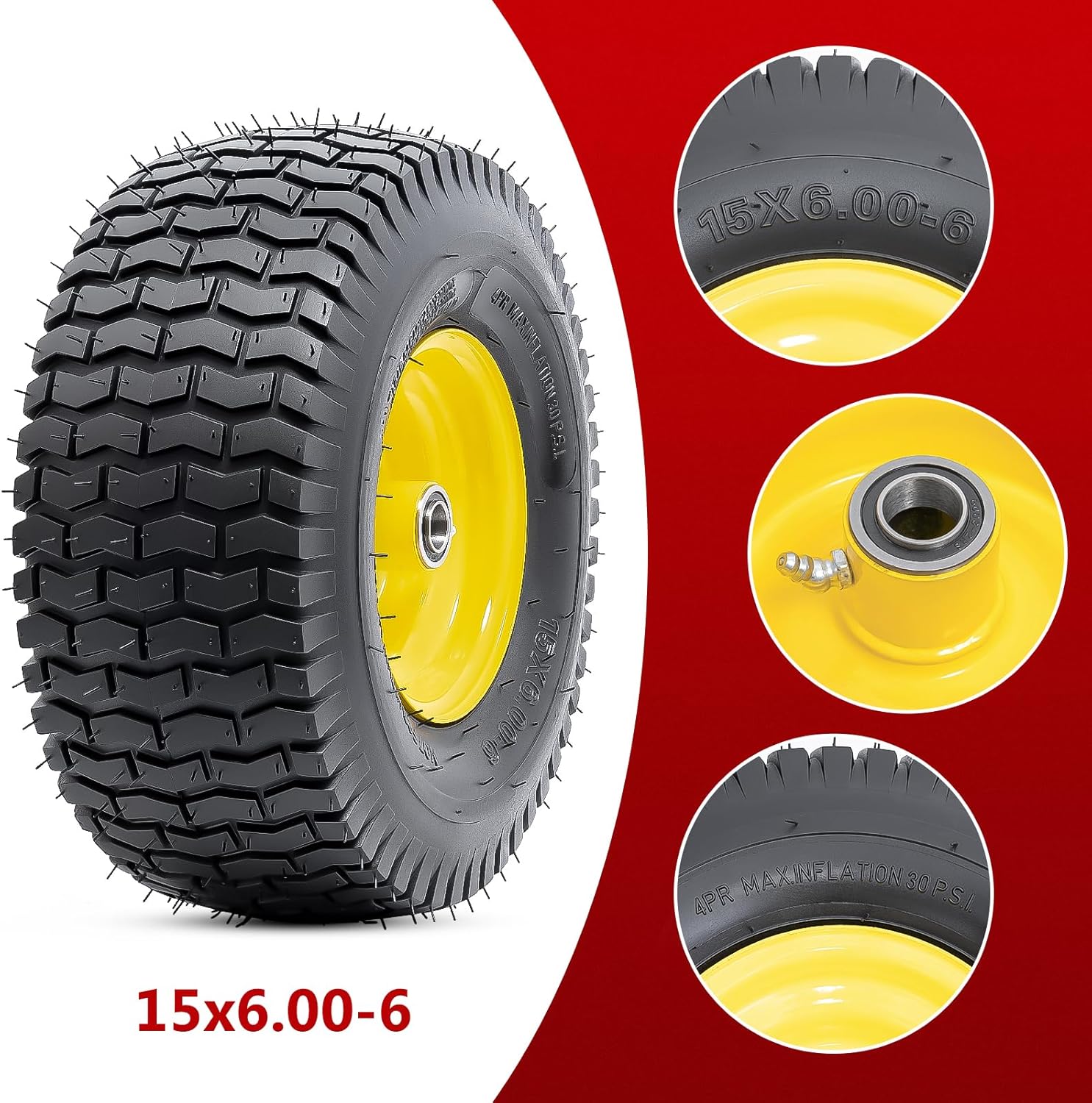Pneumatic Tire & Yellow Rim Replacement Wheels 2 - Pack – Lawn Tractor, Riding Mower & Zero - Turn Assemblies (15×6.00 - 6, 16×6.5 - 8, 20×8.00 - 8) - with 15×6.00 - 6 Pneumatic Tire & Yellow Rim | Sold by Uncle Wiener's Wholesale