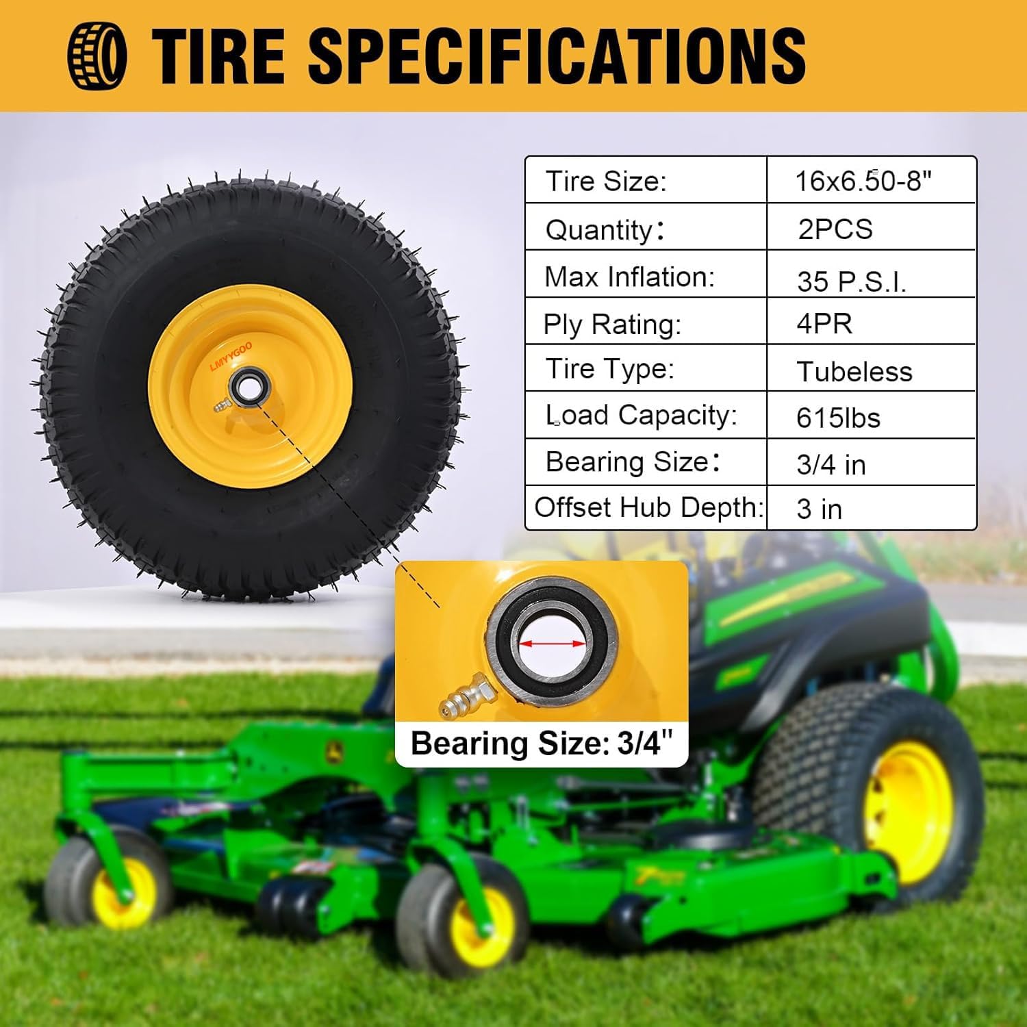 Pneumatic Tire & Yellow Rim Replacement Wheels 2 - Pack – Lawn Tractor, Riding Mower & Zero - Turn Assemblies (15×6.00 - 6, 16×6.5 - 8, 20×8.00 - 8) - with 16×6.5 - 8 Tubeless Pneumatic Tire & Yellow Rim | Sold by Uncle Wiener's Wholesale