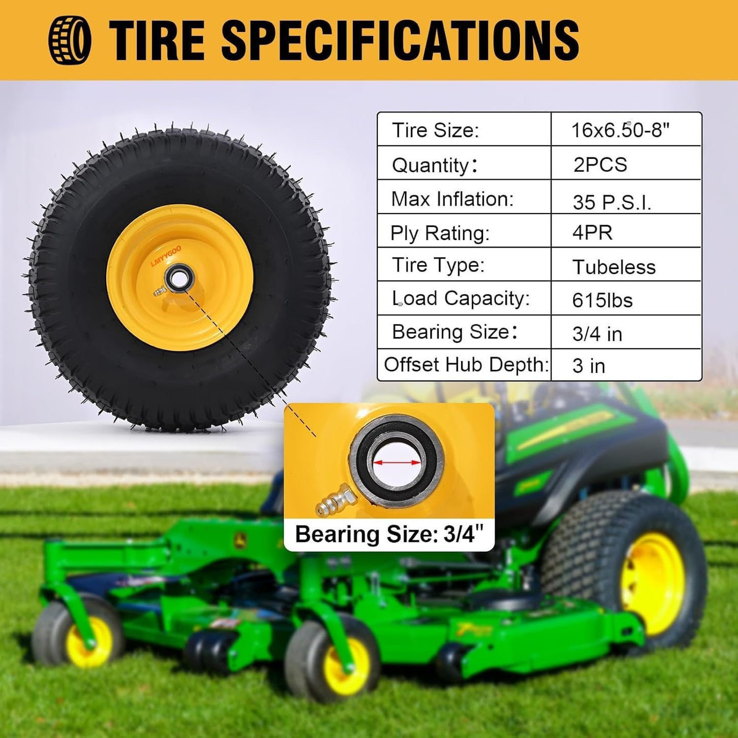Pneumatic Tire & Yellow Rim Replacement Wheels 2 - Pack – Lawn Tractor, Riding Mower & Zero - Turn Assemblies (15×6.00 - 6, 16×6.5 - 8, 20×8.00 - 8) - with 16×6.5 - 8 Tubeless Pneumatic Tire & Yellow Rim | Sold by Uncle Wiener's Wholesale