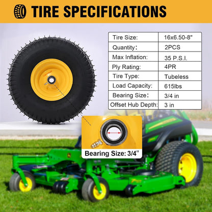 Pneumatic Tire & Yellow Rim Replacement Wheels 2 - Pack – Lawn Tractor, Riding Mower & Zero - Turn Assemblies (15×6.00 - 6, 16×6.5 - 8, 20×8.00 - 8) - with 16×6.5 - 8 Tubeless Pneumatic Tire & Yellow Rim | Sold by Uncle Wiener's Wholesale