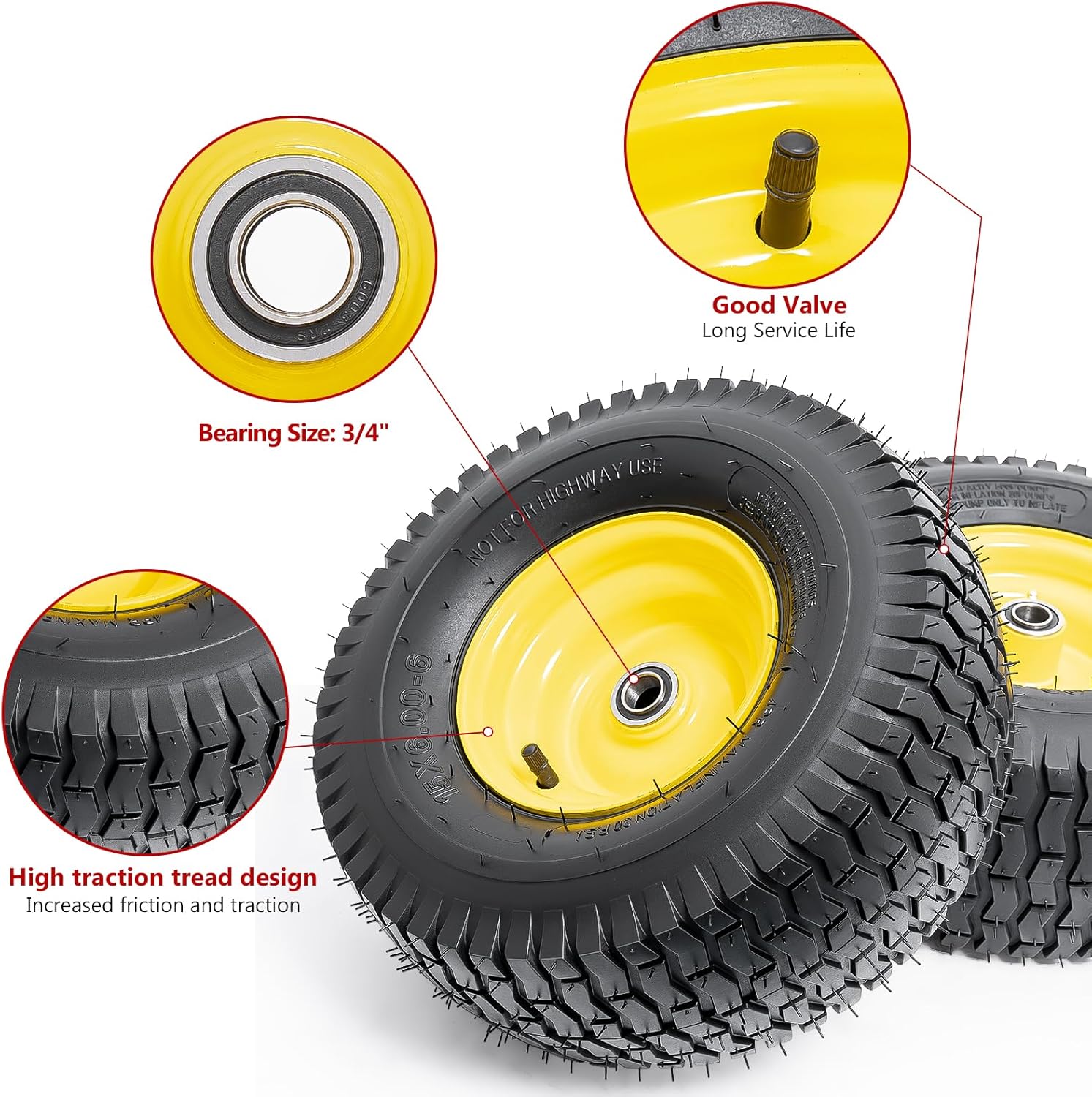 Pneumatic Tire & Yellow Rim Replacement Wheels 2 - Pack – Lawn Tractor, Riding Mower & Zero - Turn Assemblies (15×6.00 - 6, 16×6.5 - 8, 20×8.00 - 8) - with 15×6.00 - 6 Pneumatic Tire & Yellow Rim | Sold by Uncle Wiener's Wholesale