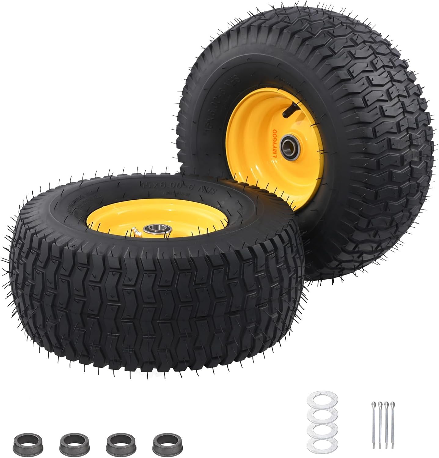Pneumatic Tire & Yellow Rim Replacement Wheels 2 - Pack – Lawn Tractor, Riding Mower & Zero - Turn Assemblies (15×6.00 - 6, 16×6.5 - 8, 20×8.00 - 8) - with 16×6.5 - 8 Tubeless Pneumatic Tire & Yellow Rim | Sold by Uncle Wiener's Wholesale