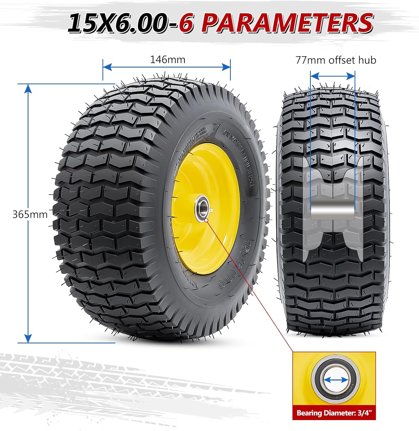 Pneumatic Tire & Yellow Rim Replacement Wheels 2 - Pack – Lawn Tractor, Riding Mower & Zero - Turn Assemblies (15×6.00 - 6, 16×6.5 - 8, 20×8.00 - 8) - with 15×6.00 - 6 Pneumatic Tire & Yellow Rim | Sold by Uncle Wiener's Wholesale