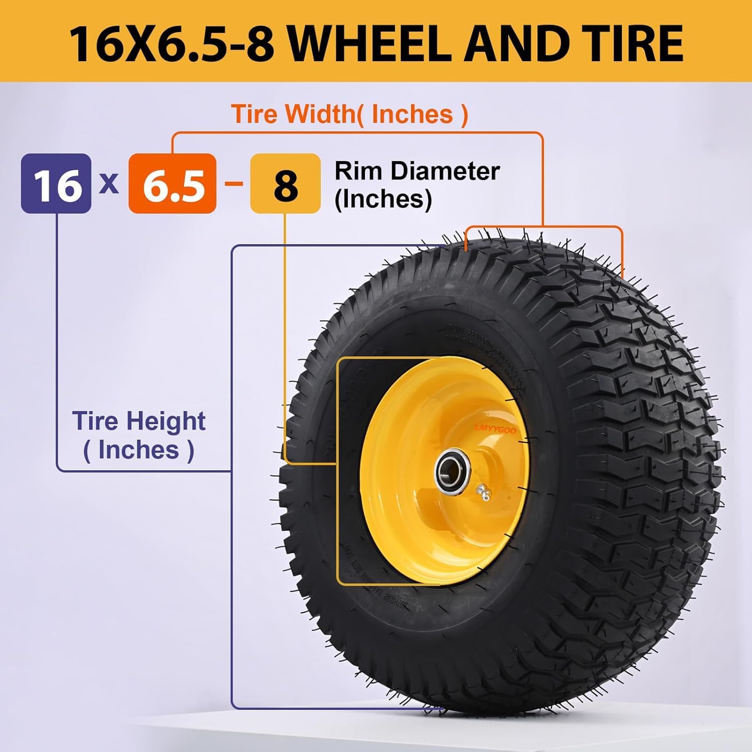 Pneumatic Tire & Yellow Rim Replacement Wheels 2 - Pack – Lawn Tractor, Riding Mower & Zero - Turn Assemblies (15×6.00 - 6, 16×6.5 - 8, 20×8.00 - 8) - with 16×6.5 - 8 Tubeless Pneumatic Tire & Yellow Rim | Sold by Uncle Wiener's Wholesale