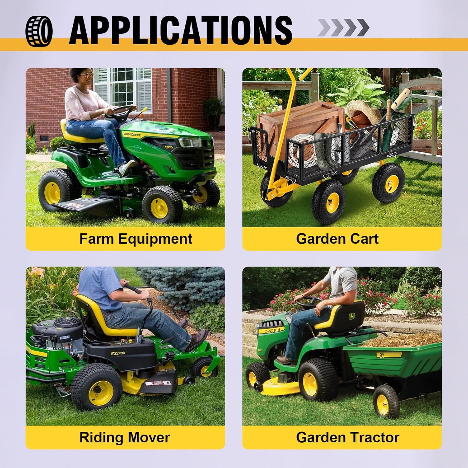 Pneumatic Tire & Yellow Rim Replacement Wheels 2 - Pack – Lawn Tractor, Riding Mower & Zero - Turn Assemblies (15×6.00 - 6, 16×6.5 - 8, 20×8.00 - 8) - with 16×6.5 - 8 Tubeless Pneumatic Tire & Yellow Rim | Sold by Uncle Wiener's Wholesale