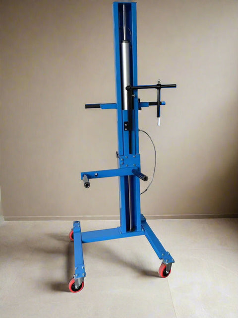 Pneumatic wheel lift blue with tire holder

TTL90130 portable tire handler side view

Pneumatic tire lift for shop use, 200 lb capacity