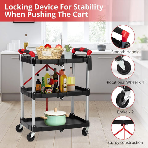 Portable Folding 3 - Tier Service Cart – S1337 - with | Sold by Uncle Wiener's Wholesale