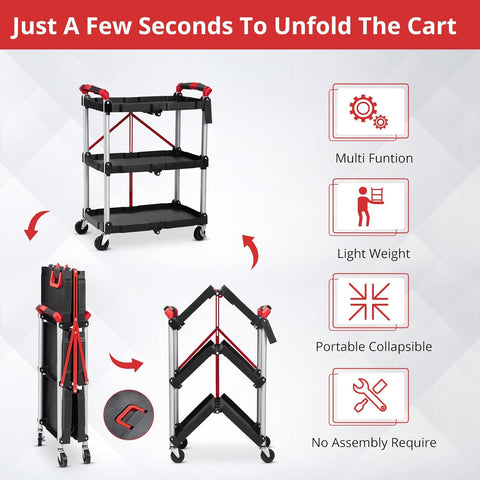 Portable Folding 3 - Tier Service Cart – S1337 - with | Sold by Uncle Wiener's Wholesale