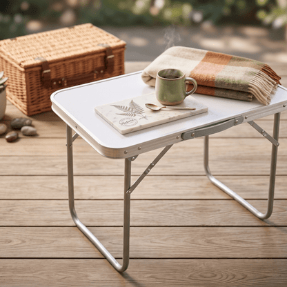Portable Folding Camping Table 24" x 16" x 19.7" with White MDF Top & Silver Steel Tube Frame CAM1695 - with | Sold by Uncle Wiener's Wholesale