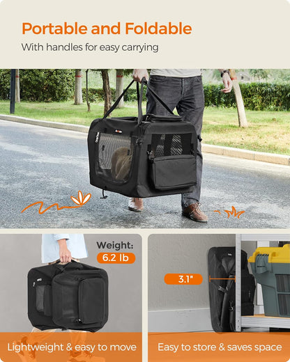 Portable Soft Dog Crate and Pet Carrier with Mesh Panels, Foldable Travel Kennel, Oxford Fabric, Steel Frame, Black UPDC Series - with XL Crate | Sold by Uncle Wiener's Wholesale