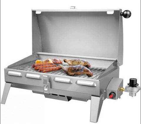 Portable Stainless Steel Gas BBQ Grill HGG2002U – 12,000 BTU Tabletop Grill – CSA Certified – Propane or Butane – Foldable Legs - with | Sold by Uncle Wiener's Wholesale